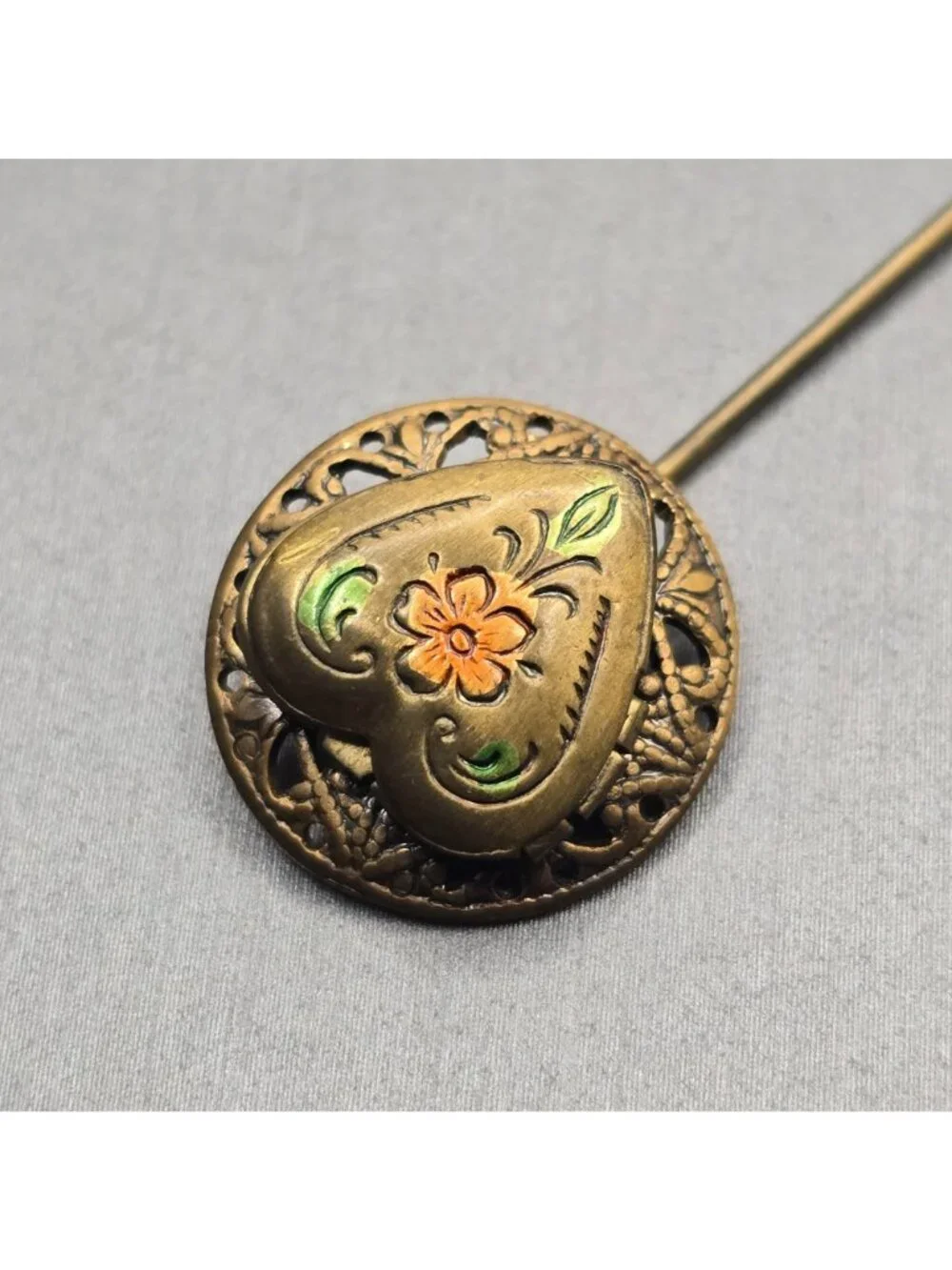Vintage Victorian Revival Brass Heart Locket Stick Pin Enamel Floral Statement - Picture 3 of 12